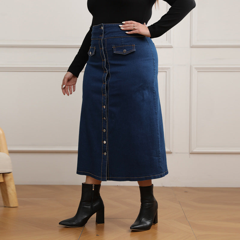 Plus Size Button Fake Pocket Denim Skirt GDAM 048
