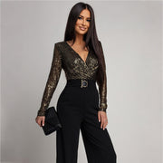 Long Sleeve V Neck Sequin Jumpsuit CYA 902224