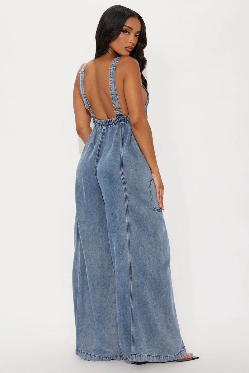 Fashion Washed Denim Loose Jumpsuit LX 6076