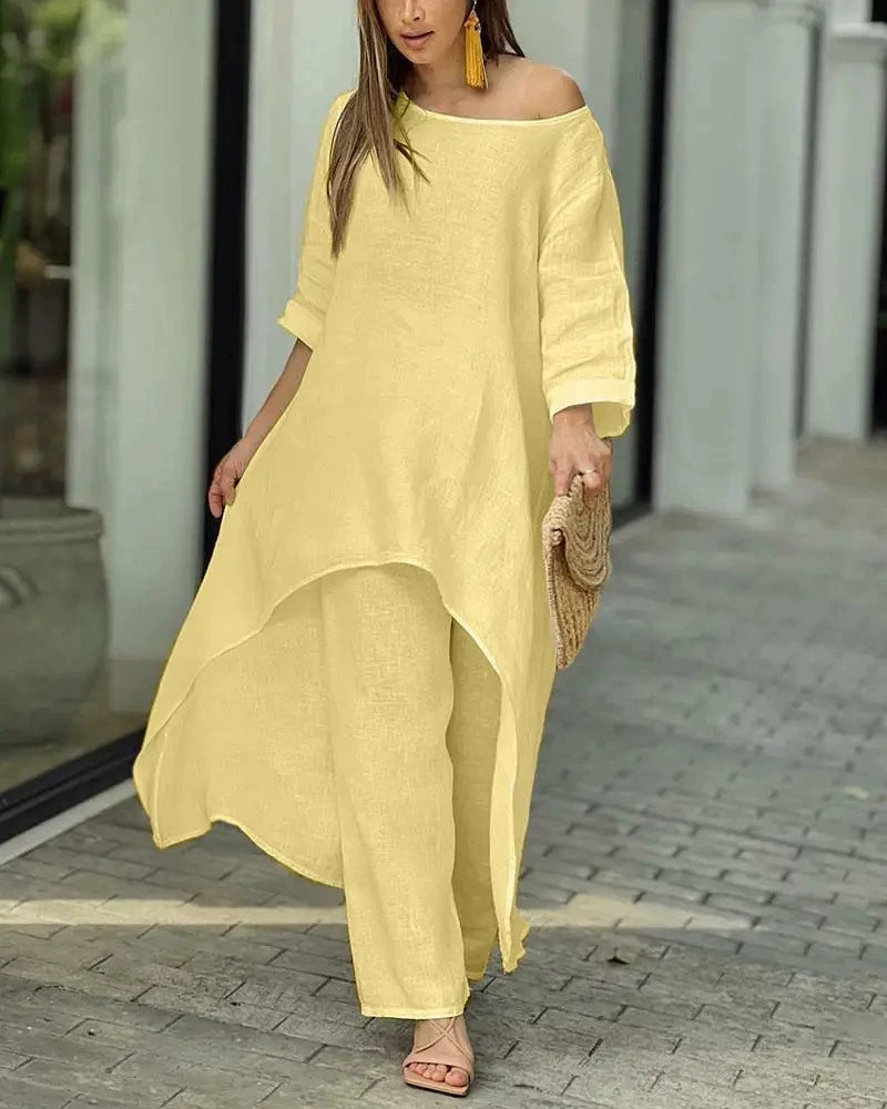 Plus Size Solid Color Long Sleeve Irregular Two Piece Pants Set GYJY W0839