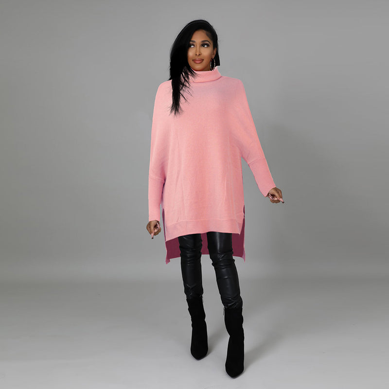 Solid Turtleneck Split Pullover Sweater Top FSXF F337
