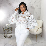White Lace Hollow Out Lace Up Blouse Top YF 10200