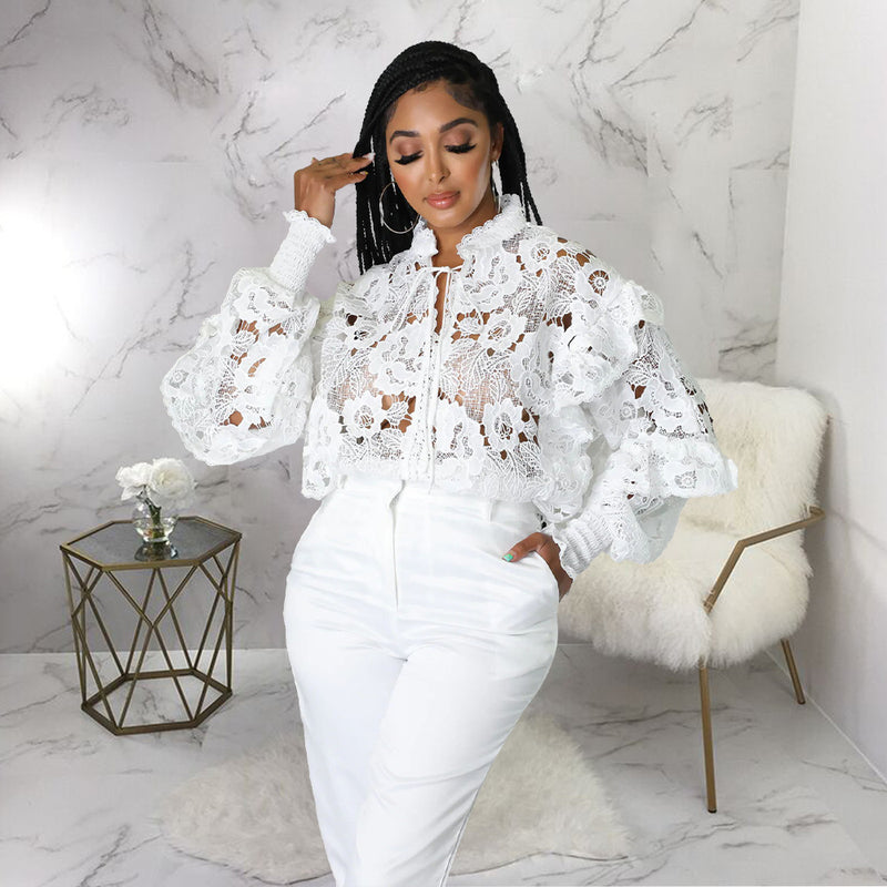 White Lace Hollow Out Lace Up Blouse Top YF 10200