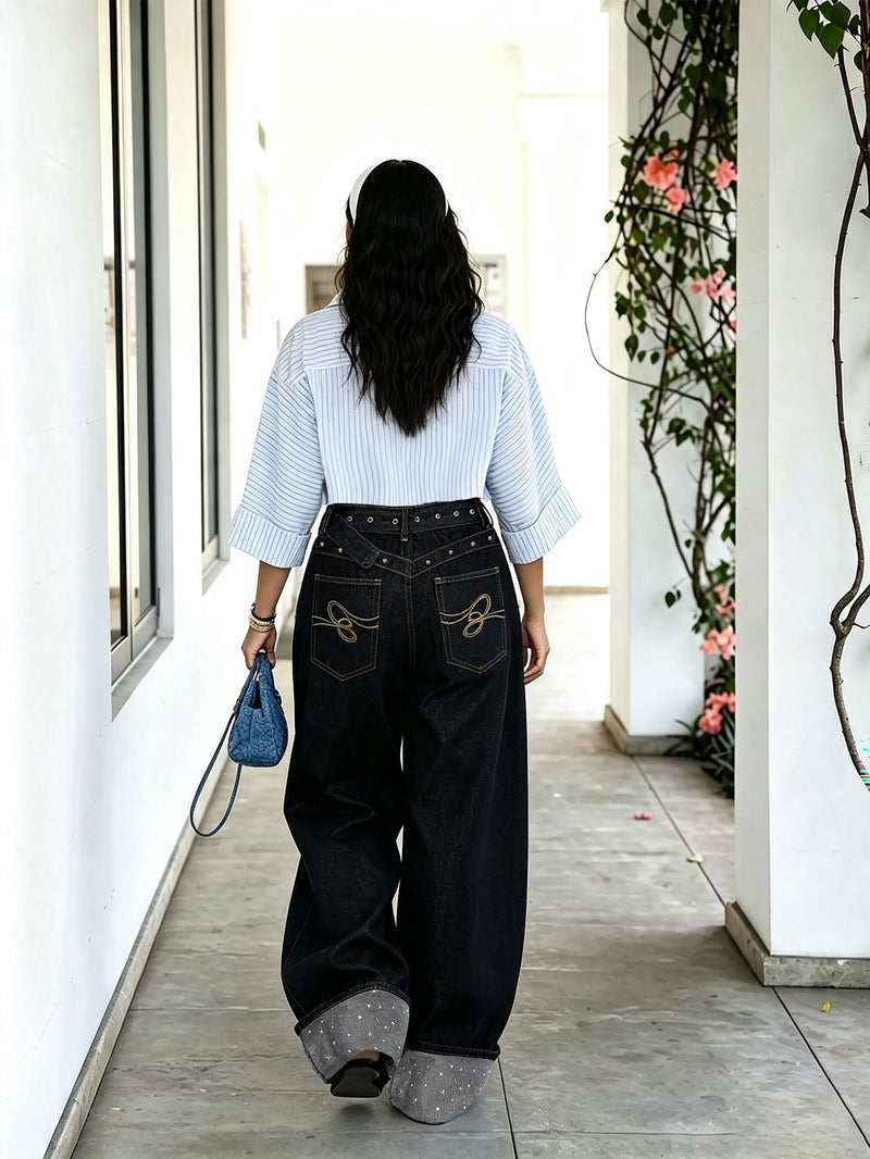 Plus Size Hot Drill Rivet Washed Jeans GYLN 3836