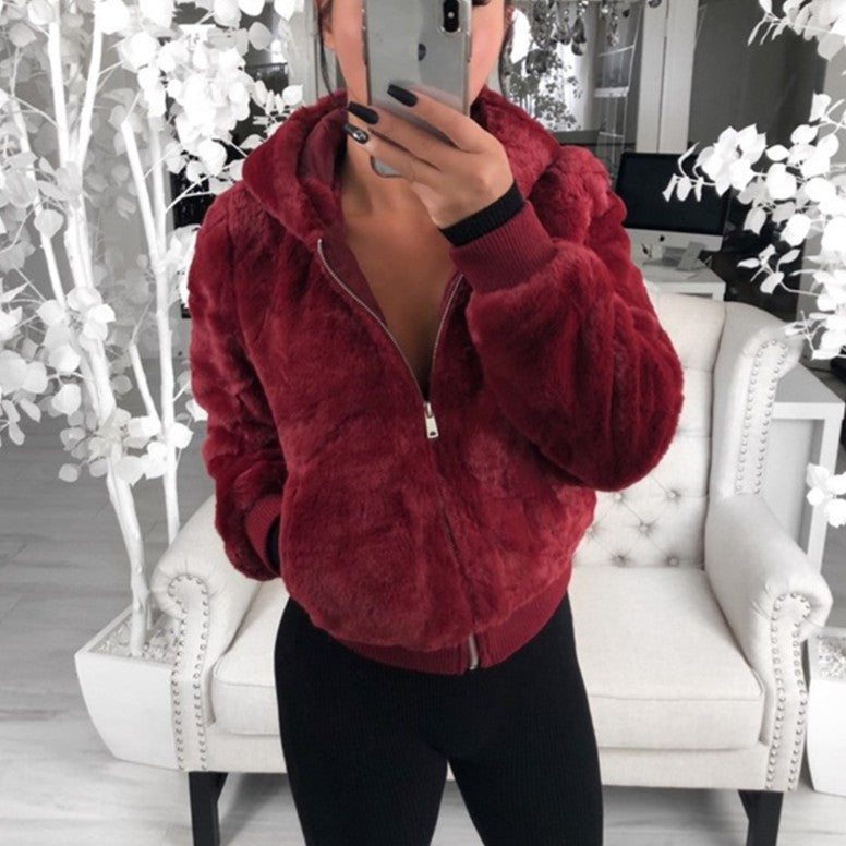 Fashion Solid Color Hooded Loose Plush Jacket GLYY 6001
