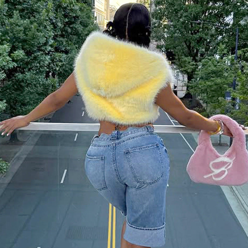 Solid Color Fur Zipper Hooded Short Jacket GDSF J25TP213