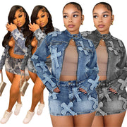 Denim Embroider Jackets And Skirt Two Piece Set MEM 88539