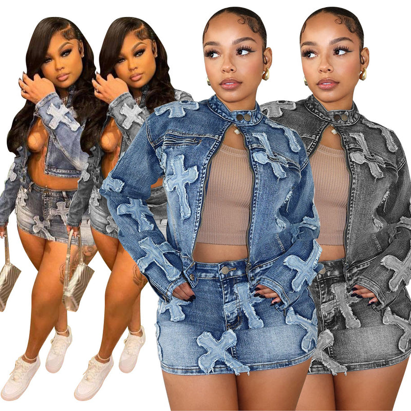 Denim Embroider Jackets And Skirt Two Piece Set MEM 88539