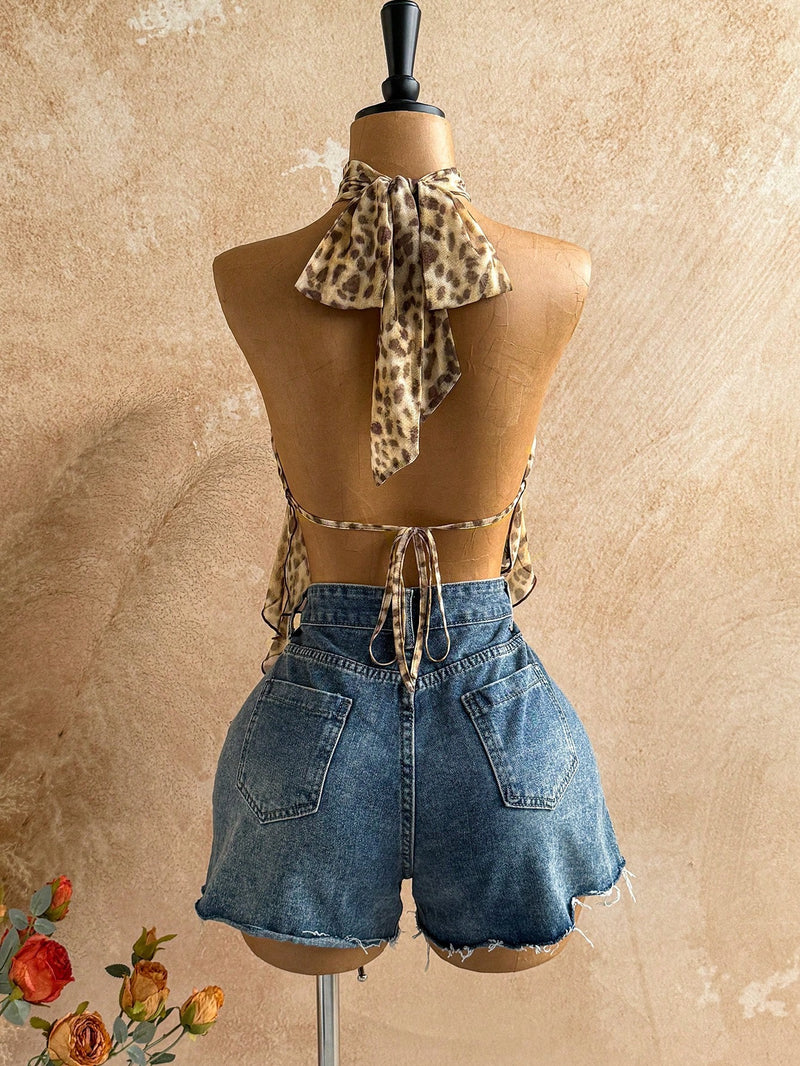 Leopard Print Backless Mesh Irregular Tank Top GXIY K26L2307