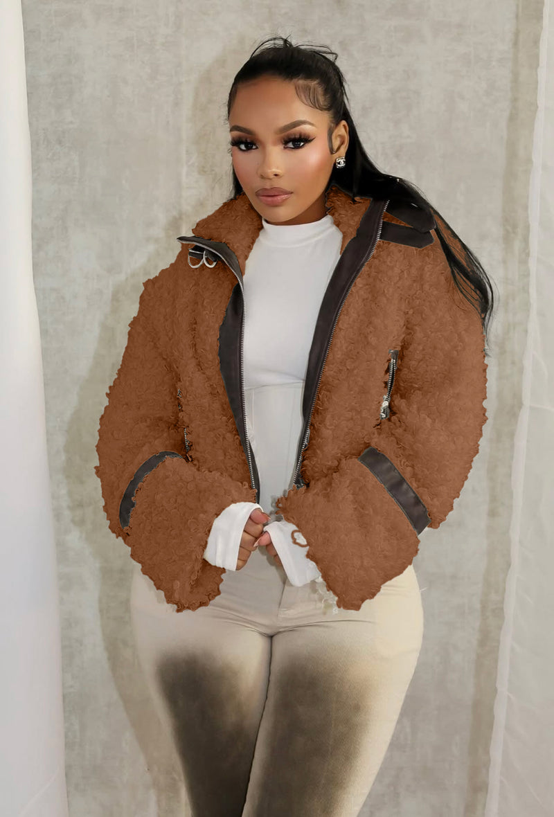 Faux Fur Collar Patchwork Leather Jacket with Lining YMEF 58015