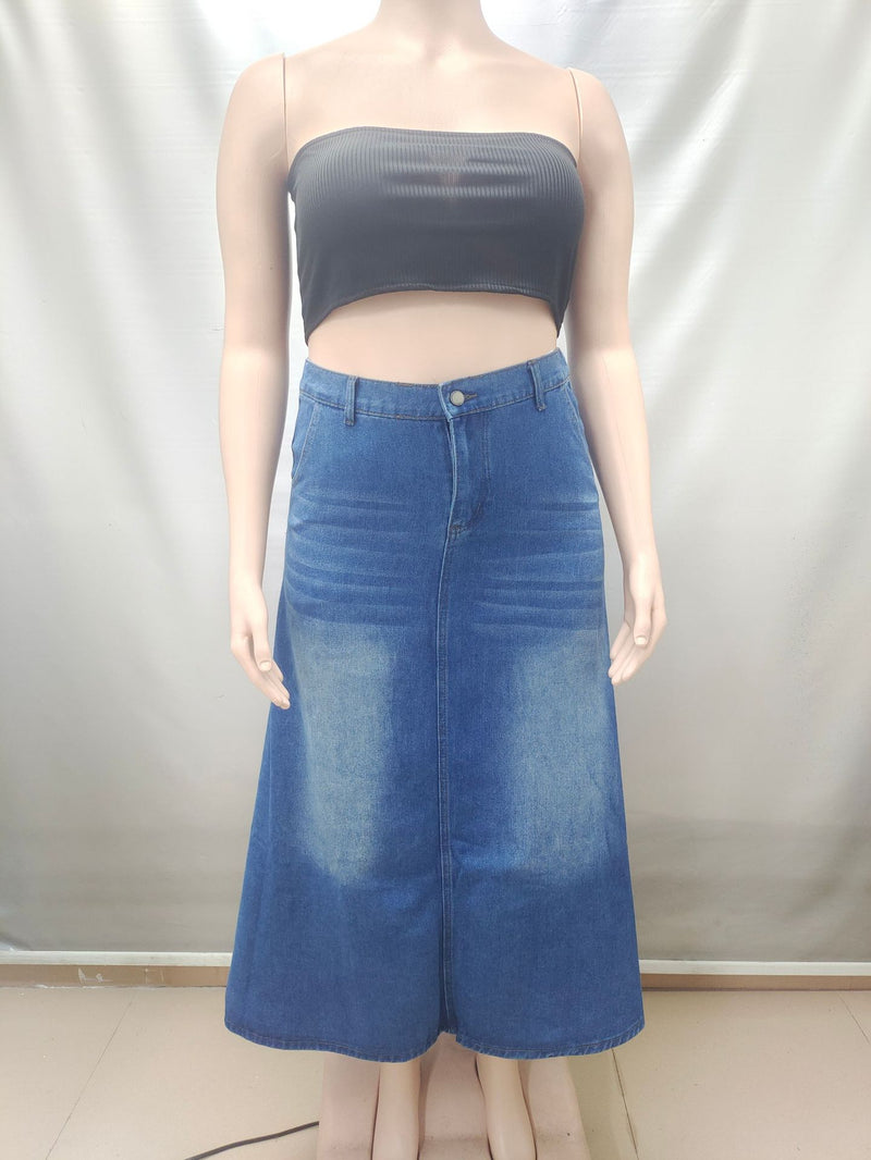 Plus Size Washed High Waist Denim Long Skirt GAKF 60702