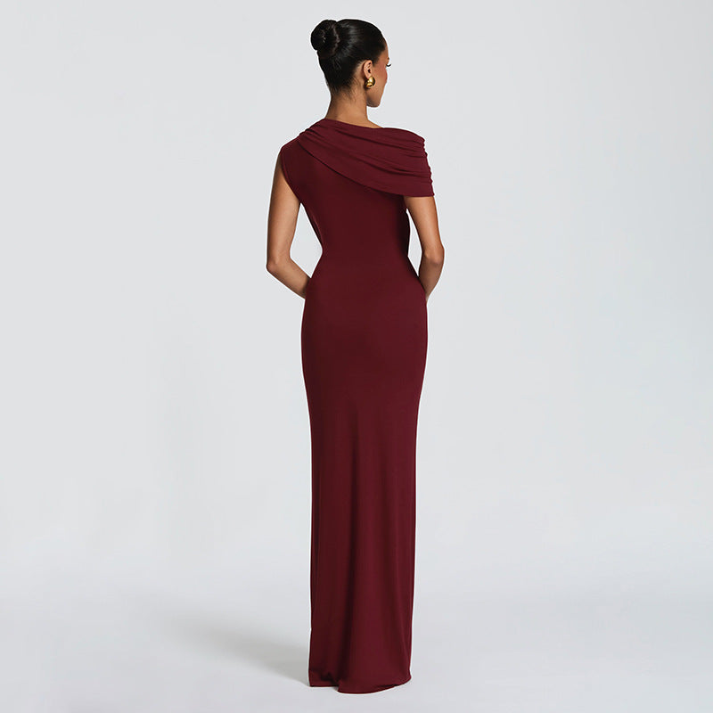 Solid Color Single Shoulder Hollow Out Maxi Dress GSZM D26DS216