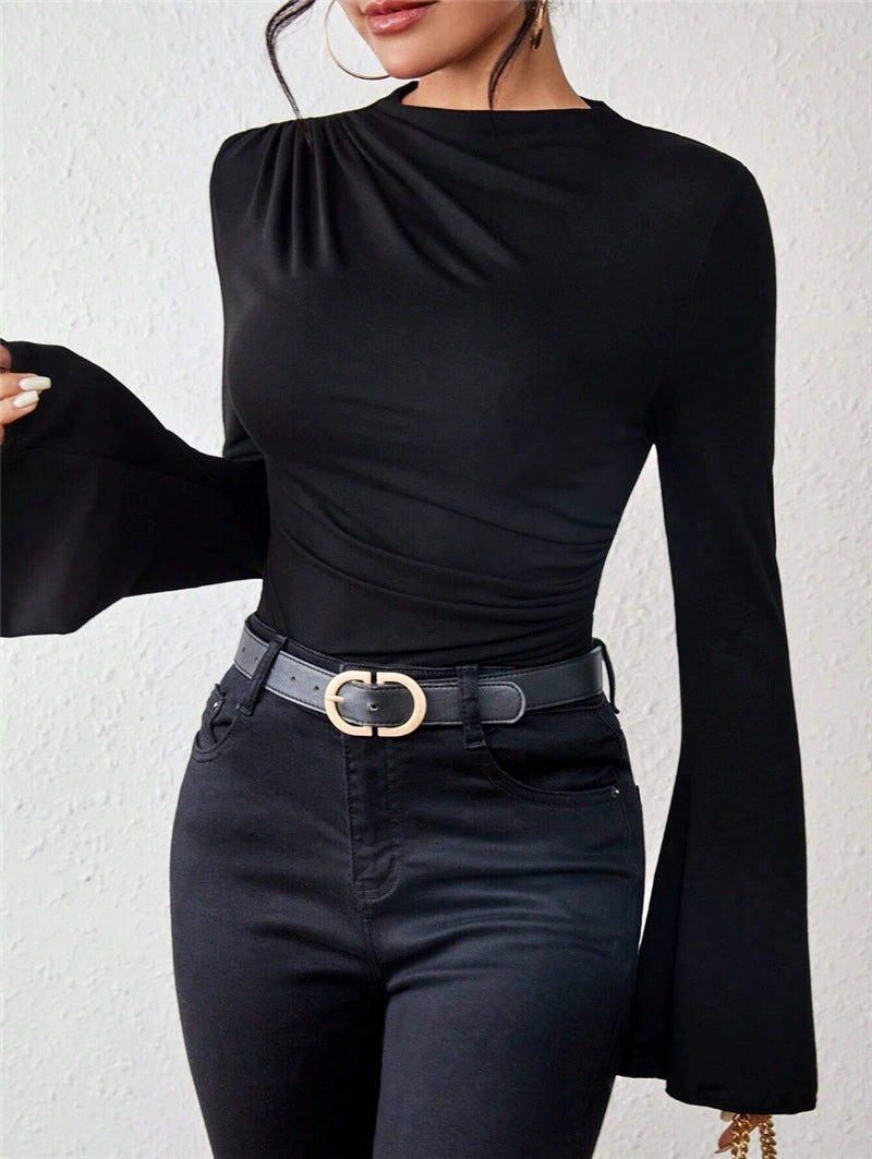 Flare Sleeve Solid Color T Shirt GZYF 1170
