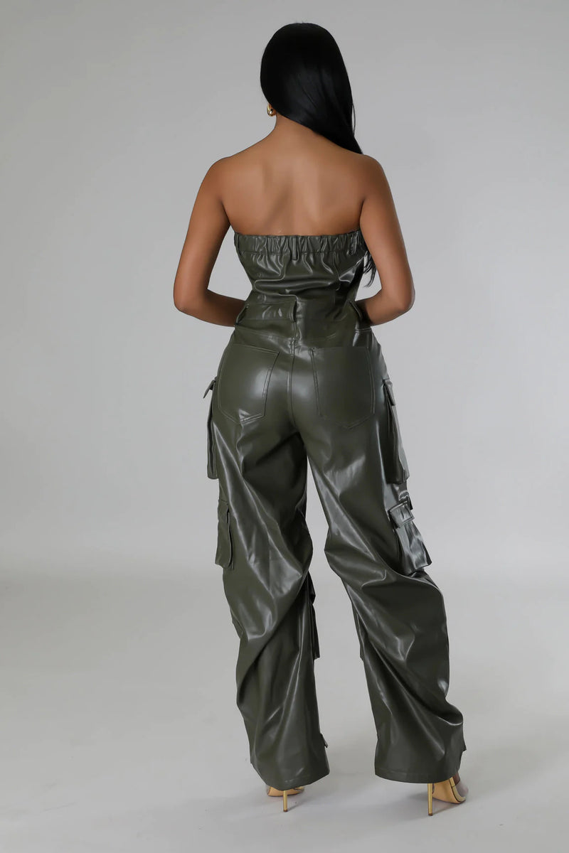 Plus Size Off Shoulder PU Leather Jumpsuit GHXF HX0395