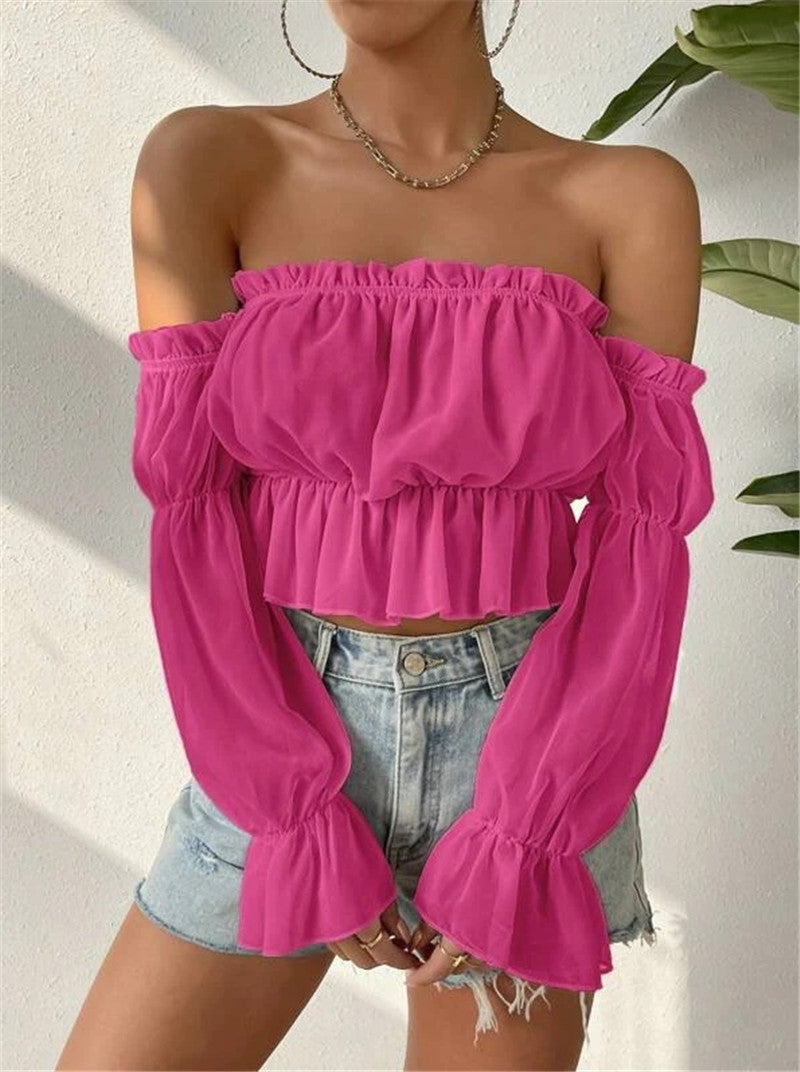 Off Shoulder Ruffles Chiffon Gathered Blouse GZYF 1012