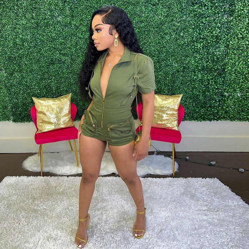 Sexy Zipper Short Sleeve Romper NY 3212