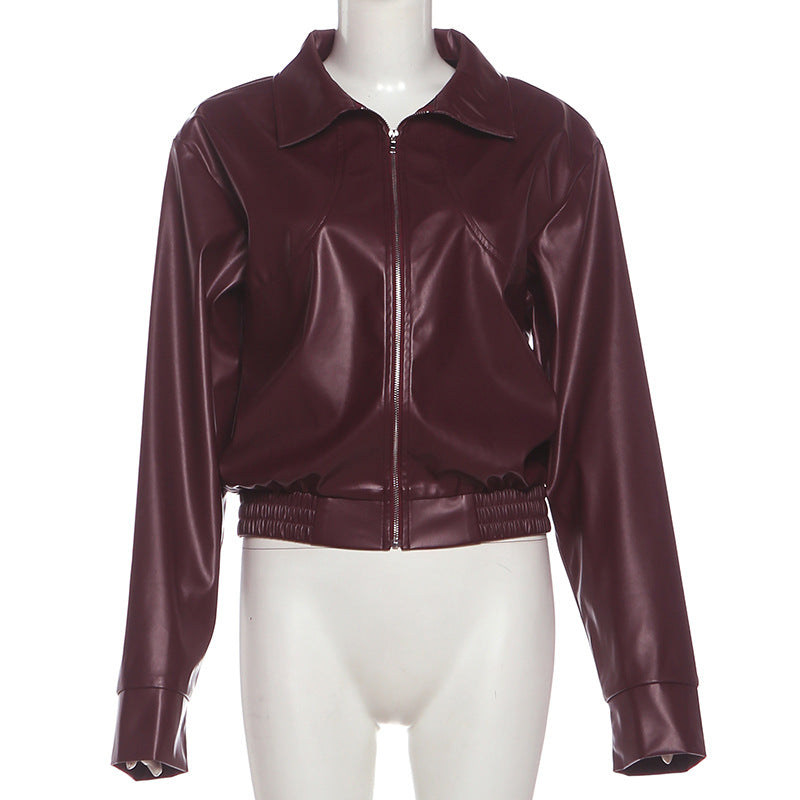 Solid Color Zipper Leather Coat XEF K25C85370