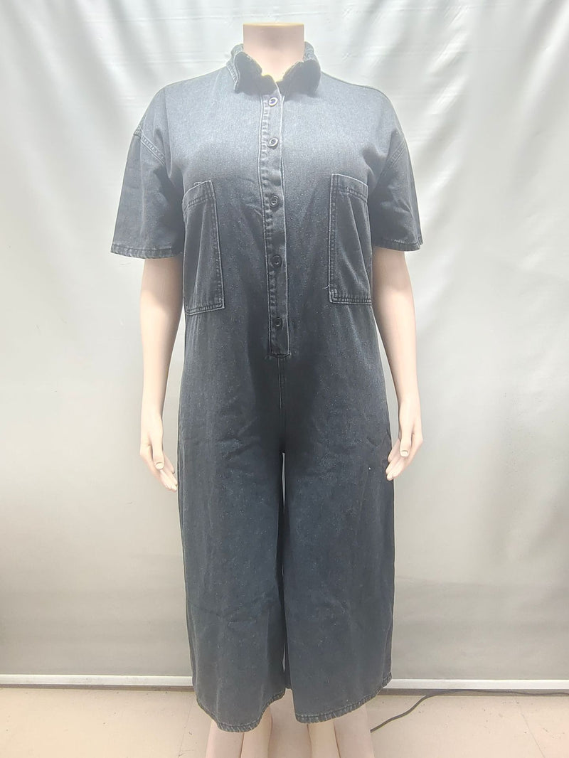 Short Sleeve Single Breated Button Denim Jumpsuit GAKF 60211