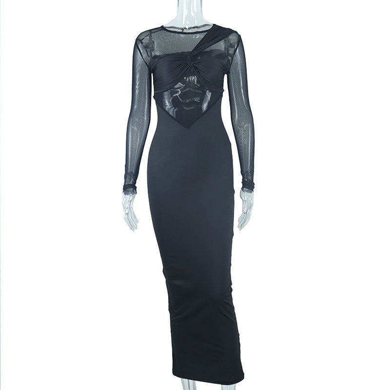 Mesh Patchwork Long Sleeve Bodycon Dress GJYO 297666