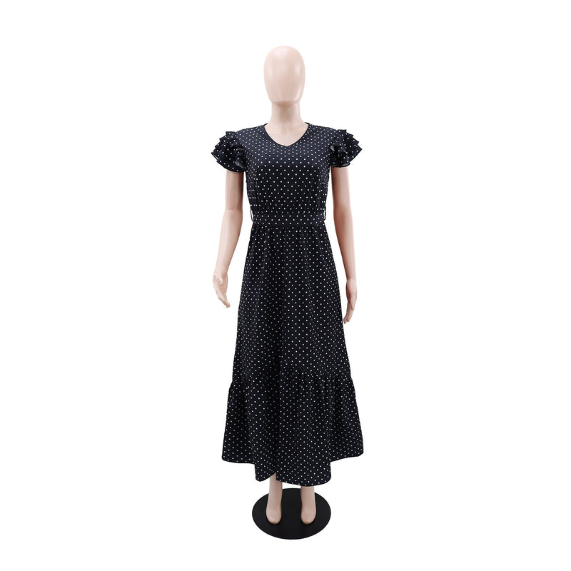 Polka Dot Printed V Neck Maxi Dress GYLY 10903