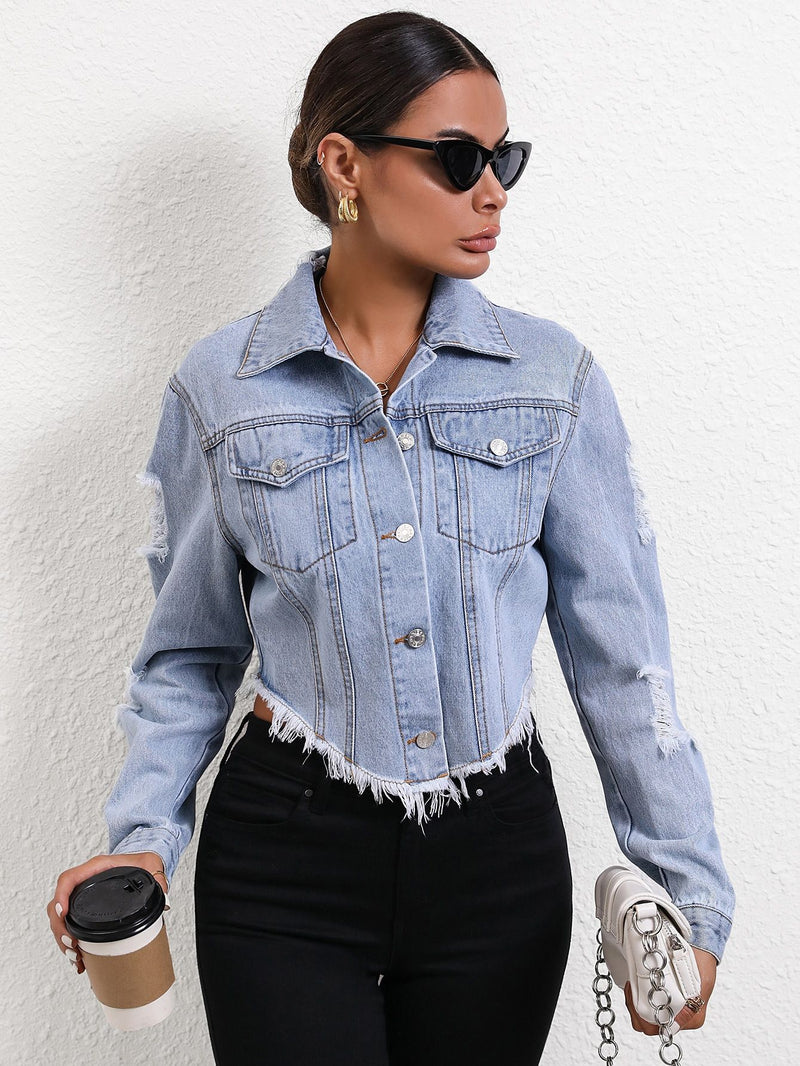 Loose Holes Long Sleeve Short Denim Jackets GYXN 35705