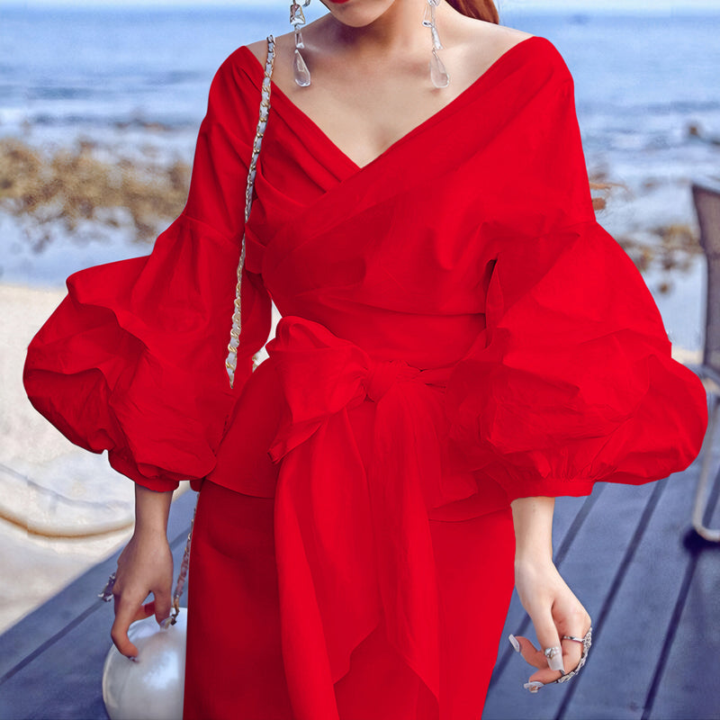 Sexy Tie Up Bubble Sleeve V Neck Blouse GCZF 8620
