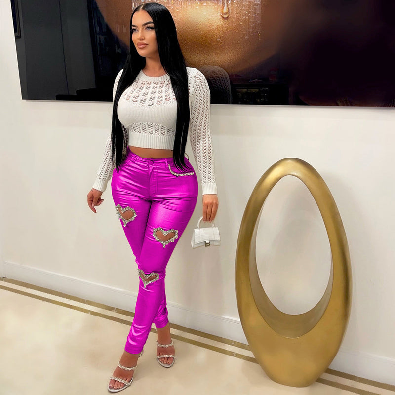 Hollow Out Heart Rhinestone Pants YNSF 8020