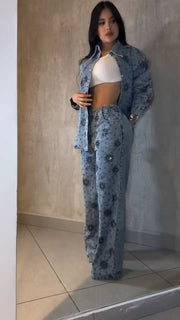 Beaded Flower Sequin Straight Jeans WXHY XHU5015