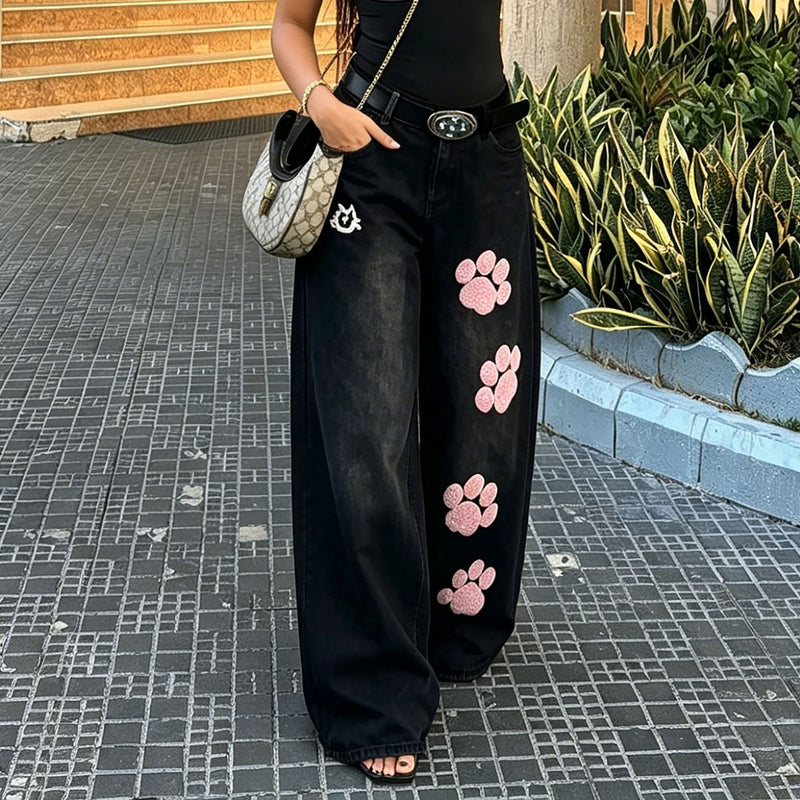 Plus Size Cat Paw Embroidered Wide Leg Jeans GYLN 5653