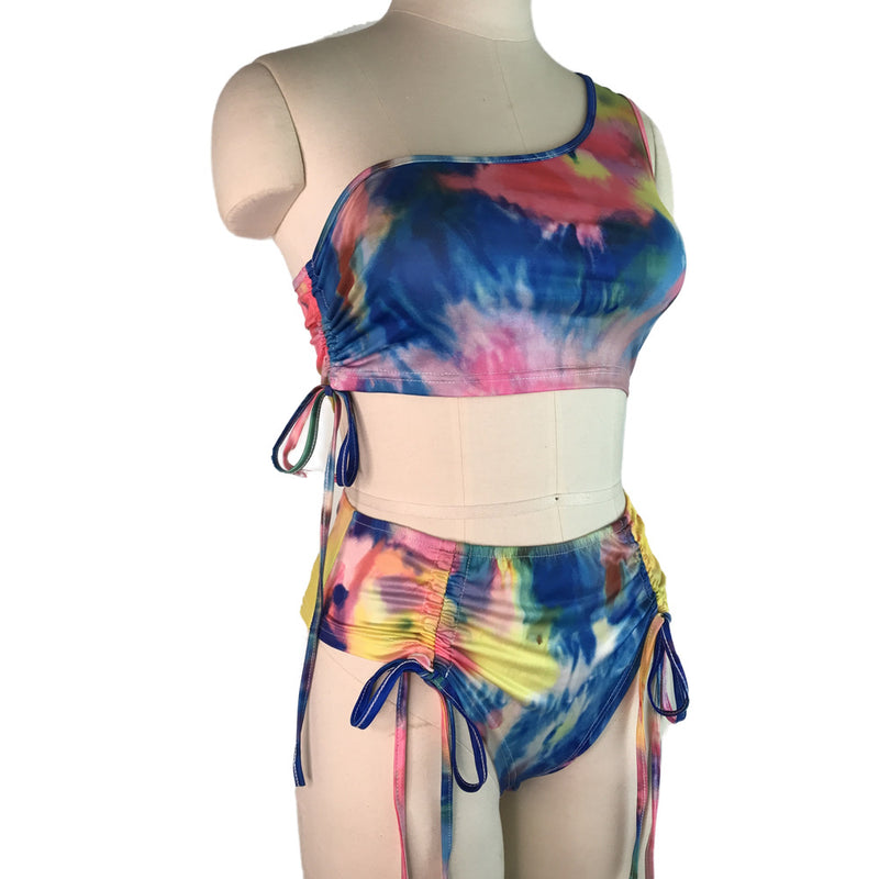 Sexy Print Slanted Shoulder Swimsuit 2 Piece GWDS 210318