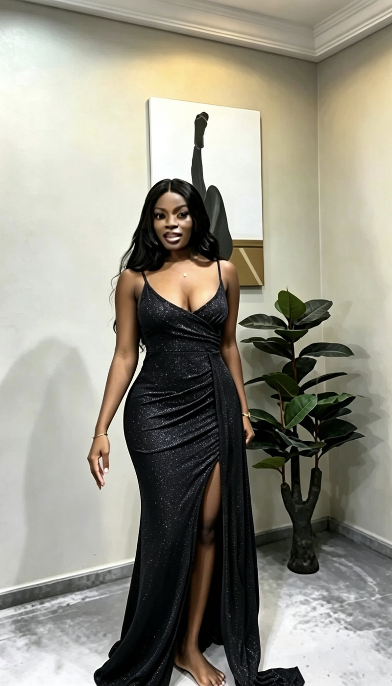 Sling V Neck Ruched Maxi Dress GMYU 8830