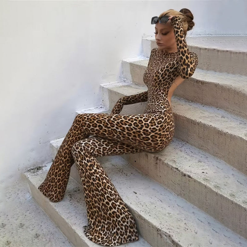 Leopard Print Long Sleeve Backless Jumpsuit GYME K6Q01512A