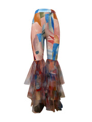 Contrast Color Printed Mesh Ruffle Flared Pants LSD 2115