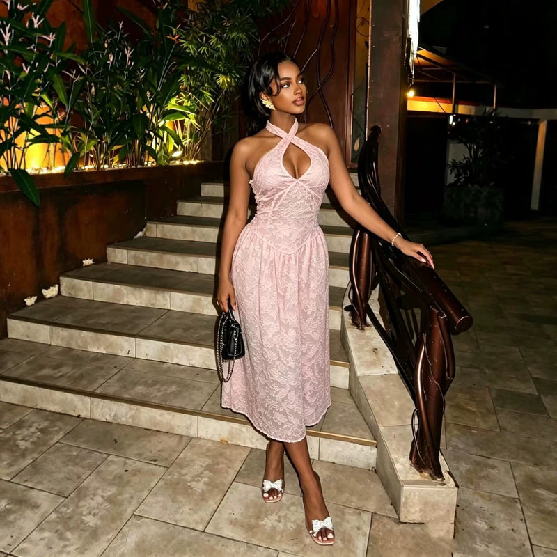 Halterneck Hollow Out Backless Maxi Dress GADE 9162