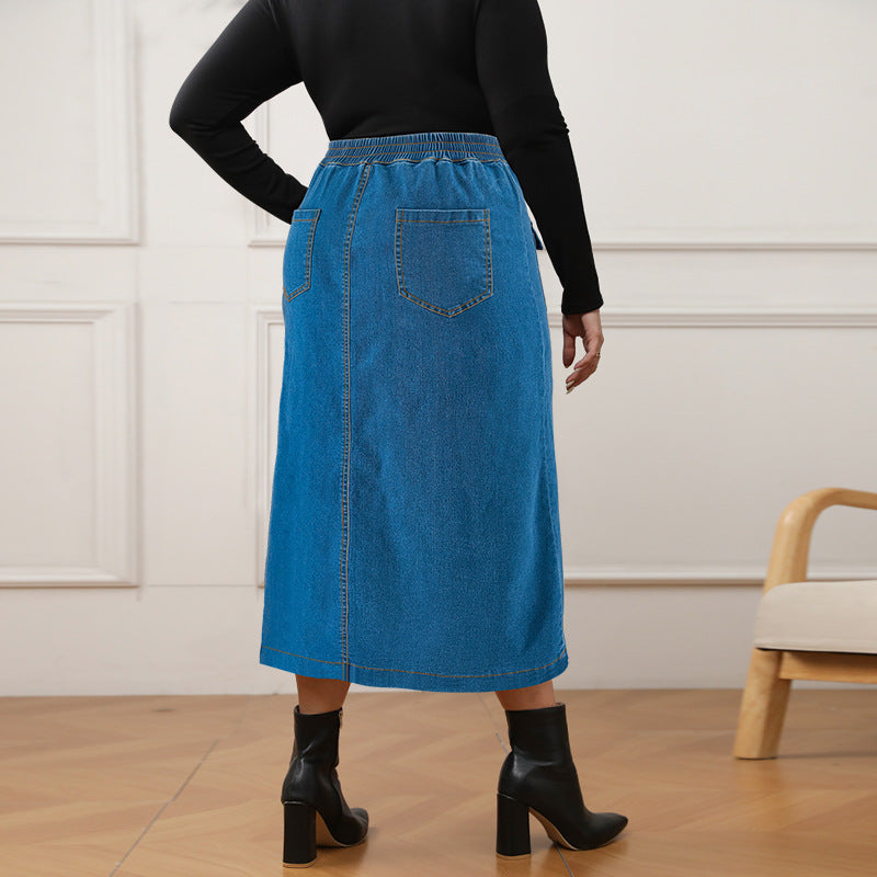 Plus Size Denim Single Breasted Long Half body Skirt GDAM 218609