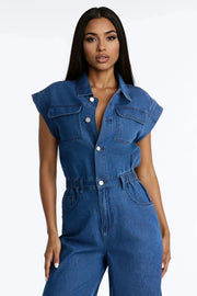 Short Sleeve Single Breasted Button Denim Jumpsuit LX 3590