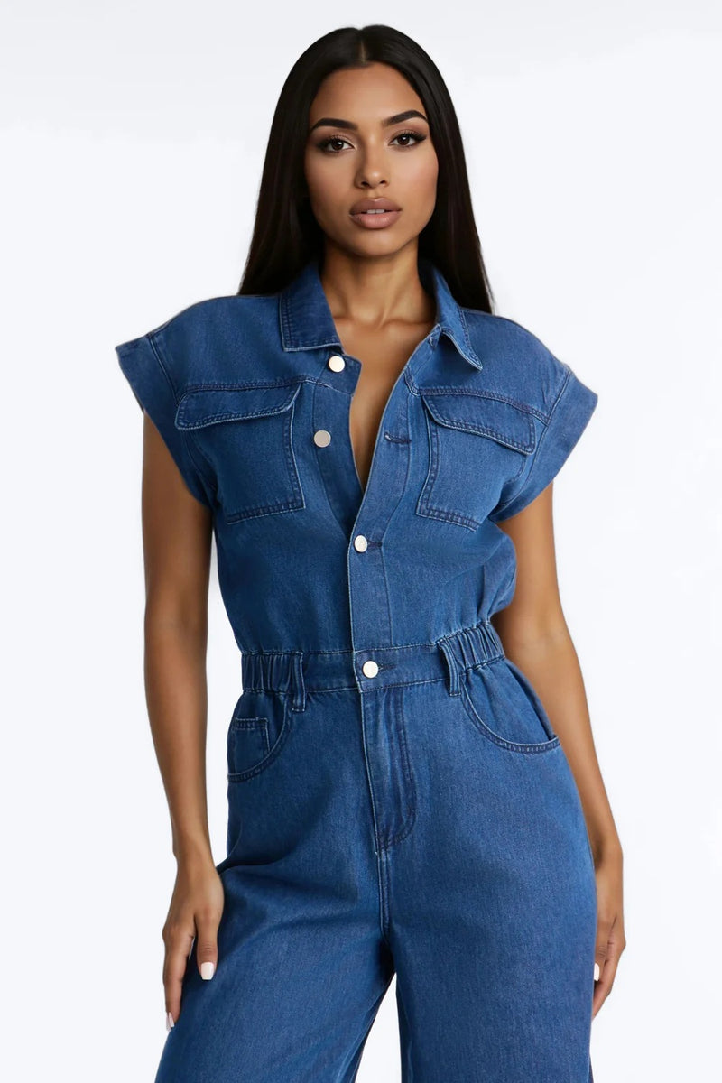 Short Sleeve Single Breasted Button Denim Jumpsuit LX 3590