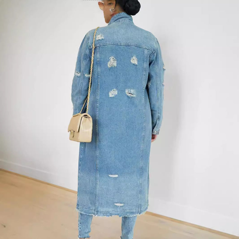 Fashion Long Sleeve Lapel Loose Denim Long Coat GQDH 2328