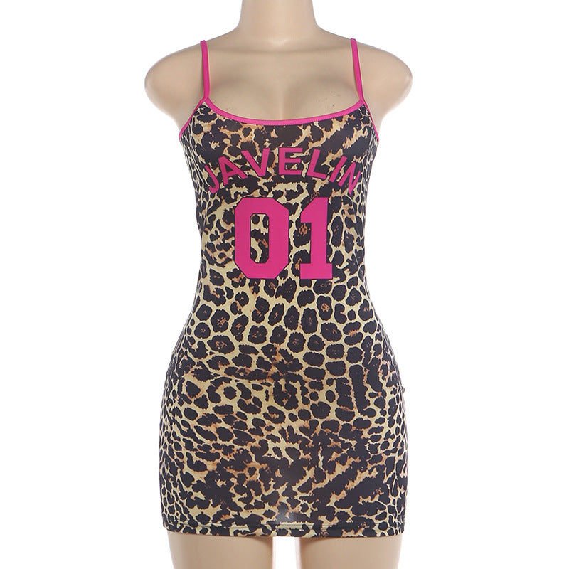 Letter Leopard Print U Neck Mini Dress DLSF K6D11196A