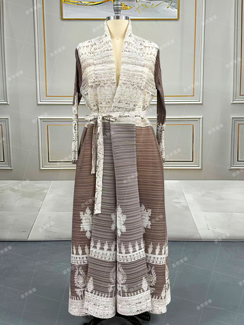 Pleated Long Sleeve Print Long Coat GZRF 602