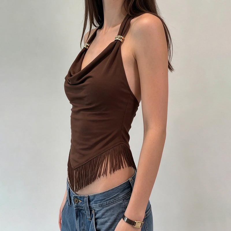 Halterneck Solid Color Tassel Vest GPKJ MR49999