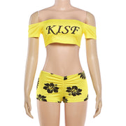 Letter Print Off Shoulder Two Piece Shorts Set GZJQ K6S02139A