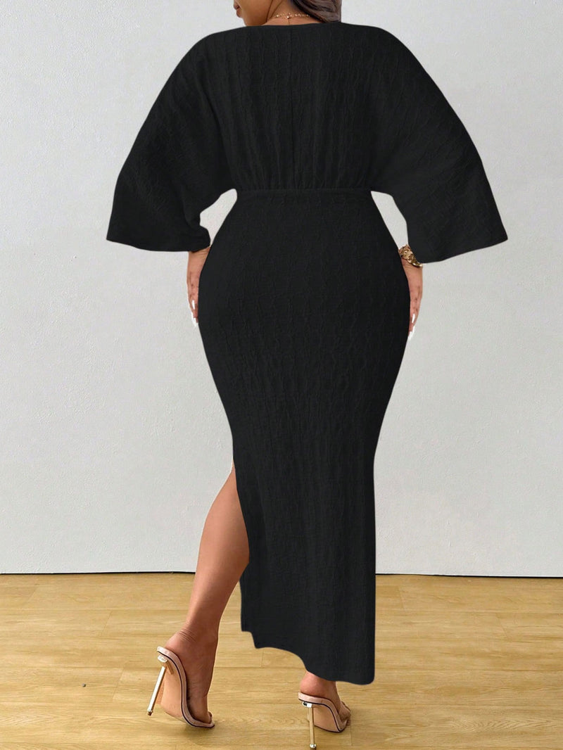 Plus Size Solid Color Knits Lace Up Maxi Dress HNIF DGY229