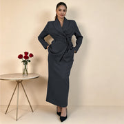 Plus Size Tie Up Blazer Long Skirt Two Piece Set QMZF 2148