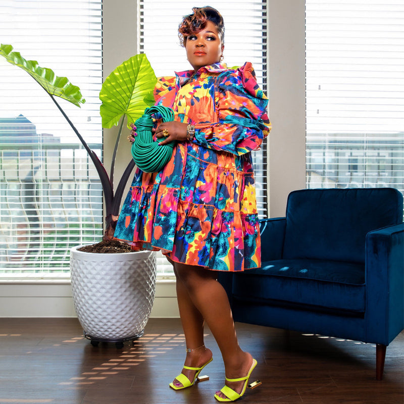 Plus Size Print Ruffles Loose Shirt Dress NNWF 7760