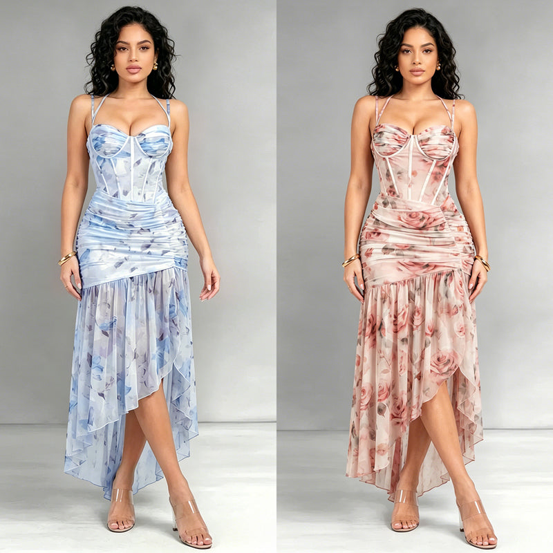 Floral Print Halterneck Mesh Evening Dress BY 7753