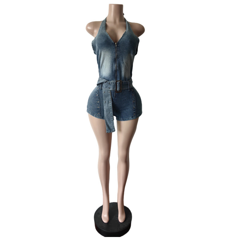 Denim Halterneck Backless Romper MEM 88646