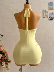Solid Color Halterneck Ruched Mini Dress GXIY K26L2515