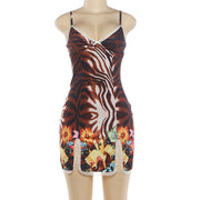 Sexy Print V Neck Split Mini Dress GZJQ K6D12885A