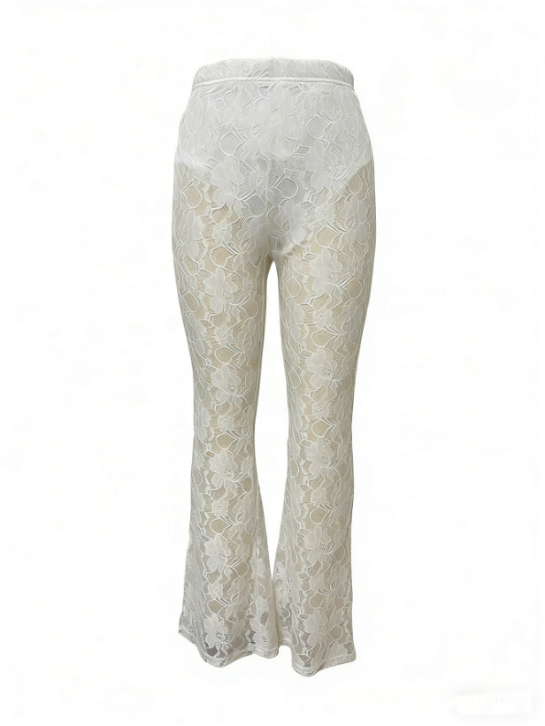 Solid Color Lace Jacquard See Through Micro Flare Pants LSD 2694